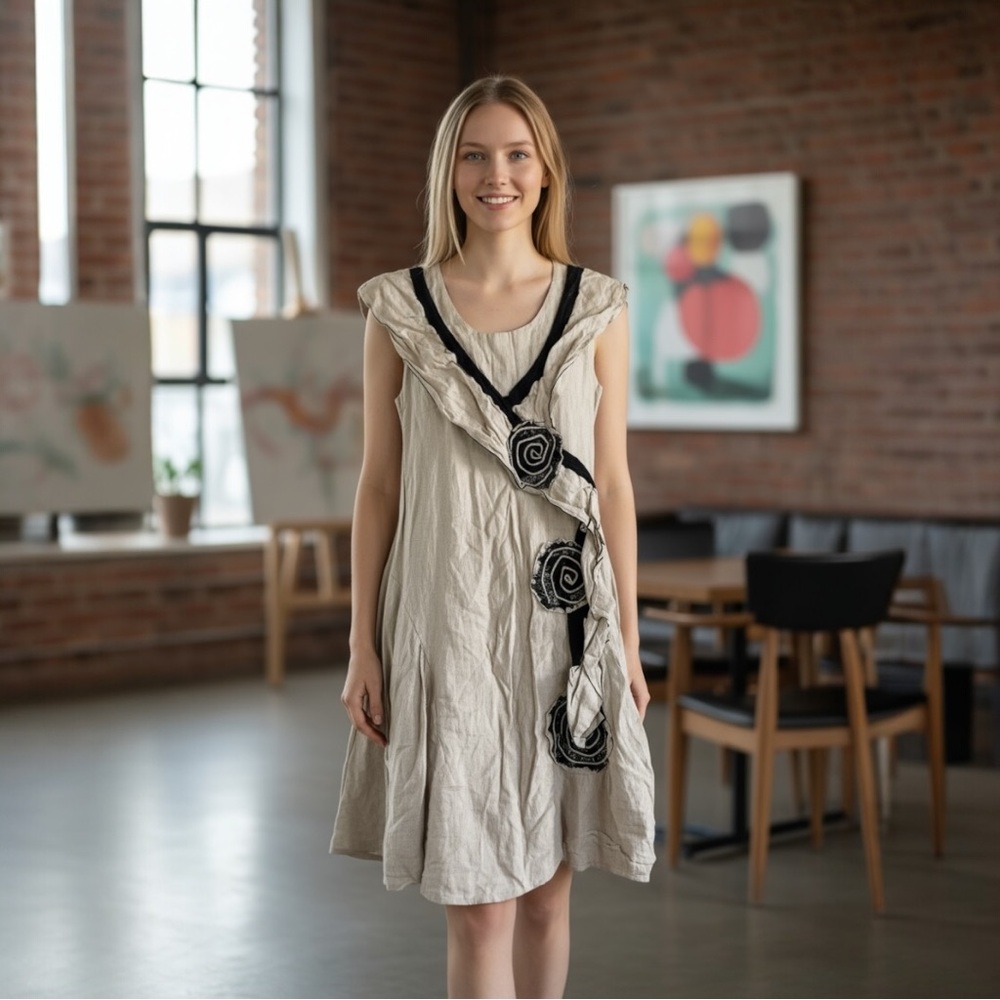 Zele 100% Linen Midi Dress with Black Floral Accents.